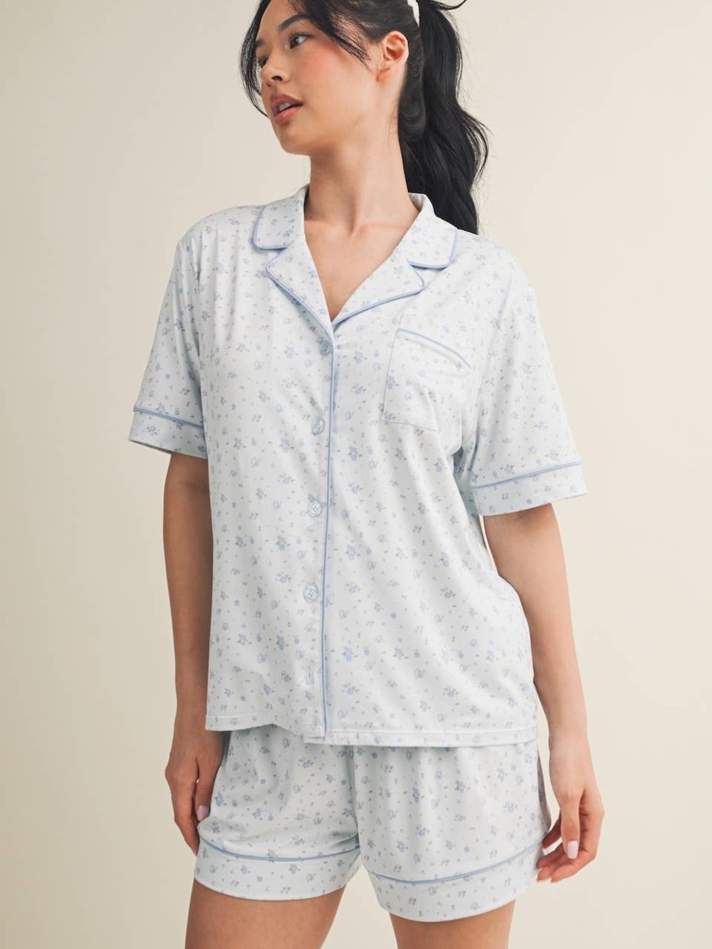 KIMBERLY C Blue Ditsy Print with Contrast Piping Top And Bottom Pajama Set